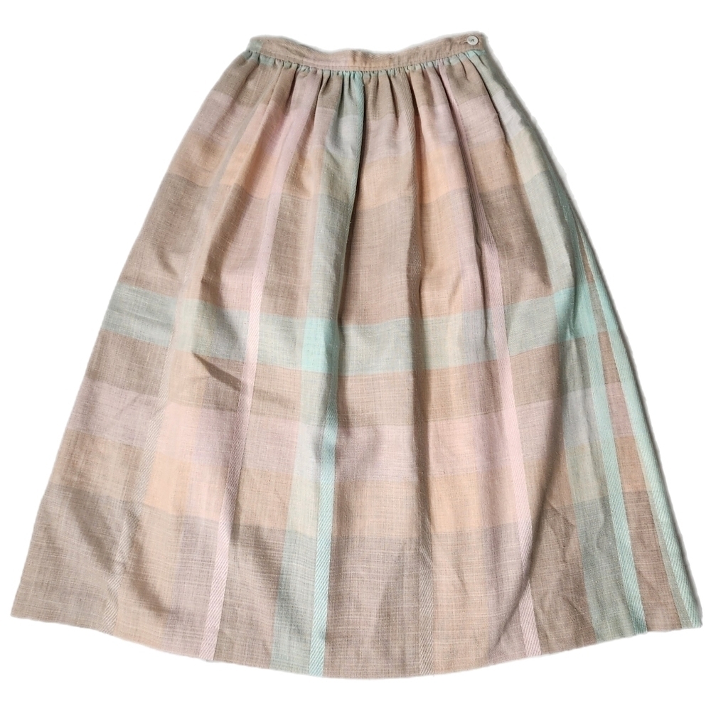 Vintage 70s Evan Picone Pastel Pleated Pink Blue Plaid A-Line Midi Skirt Vntg 6